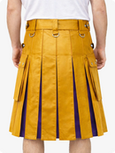 Mustard Yellow pleated skirt with purple accents worn by a person on a white background