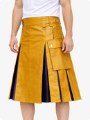 Mustard Yellow skirt with purple accents worn by a person on a white background