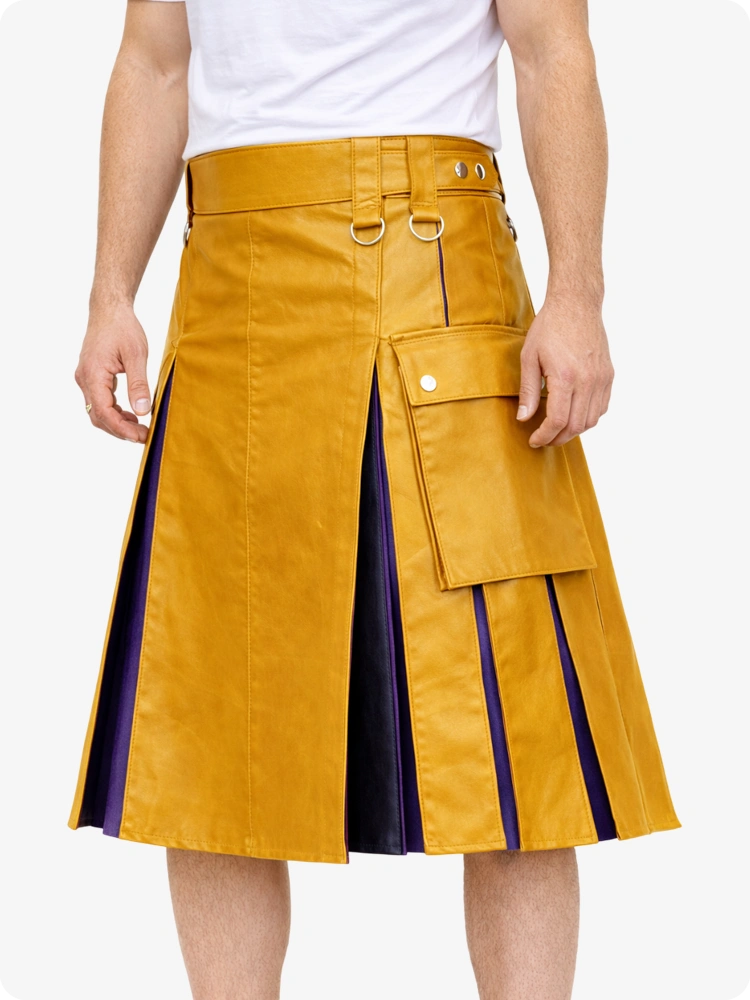 Mustard Yellow skirt with purple accents worn by a person on a white background