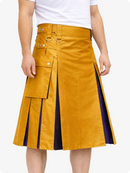 Mustard yellow kilt with purple accents on a white background