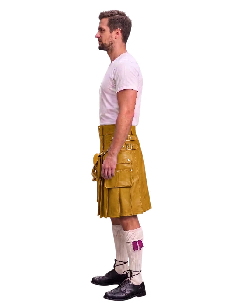 A man shown in profile wearing a mustard yellow leather kilt with multiple utility pockets and straps, a light pink t-shirt, white knee-high socks with a purple accent, and black leather shoes, isolated on a white background.
