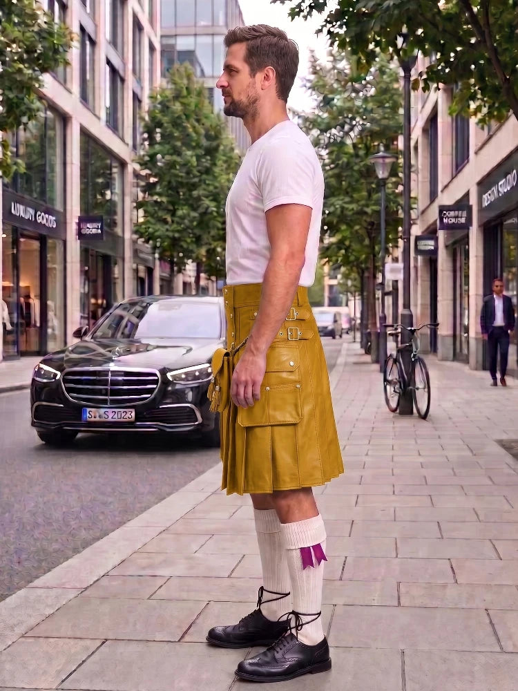 A man standing on a city sidewalk wearing a mustard yellow kilt with multiple flap pockets, a white t-shirt, white knee-high socks with a purple accent, and black shoes. A black Mercedes-Benz car and a bicycle are visible in the background of the street scene.