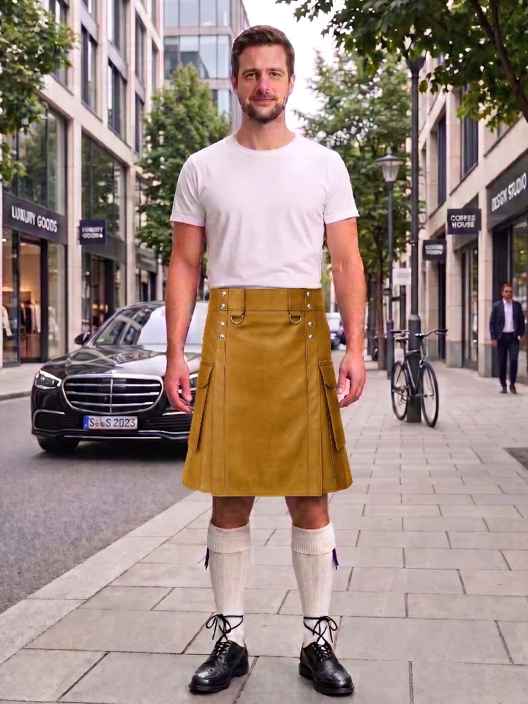 Mustard Yellow With Red Cowhide Leather Hybrid Utility Kilt