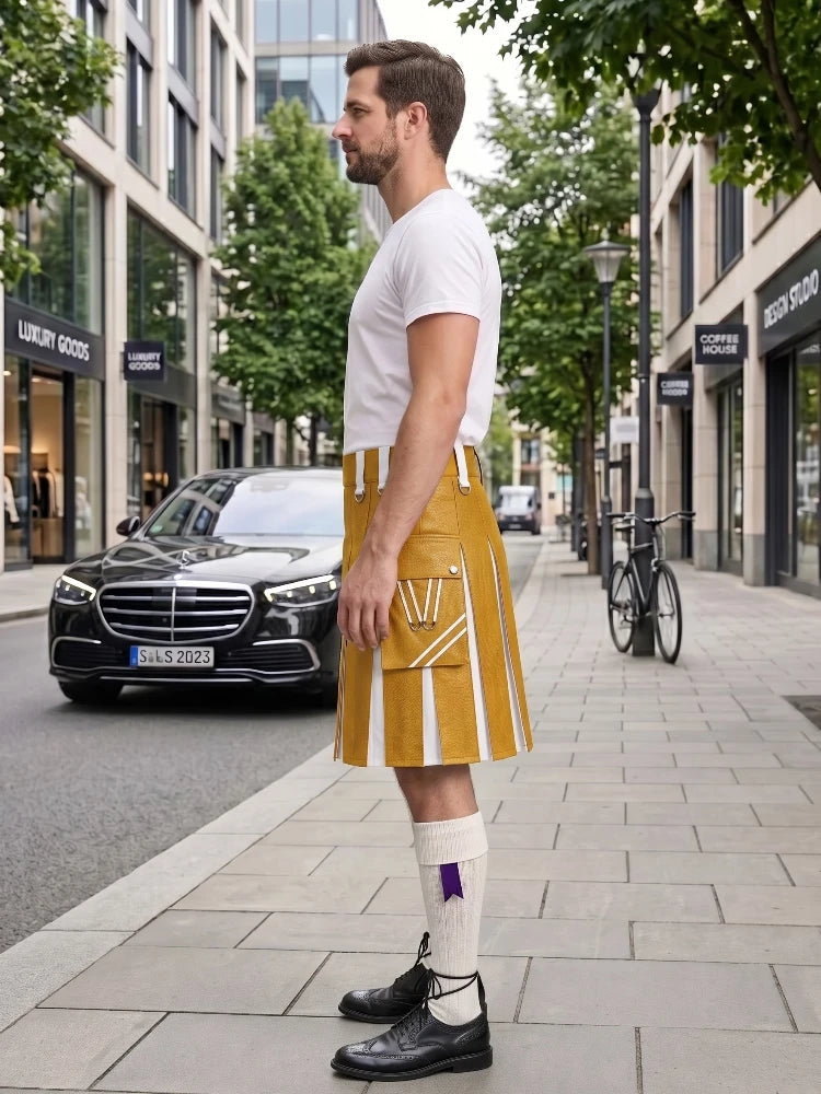 A man standing on a city sidewalk wearing a mustard yellow kilt with white vertical stripes, a white t-shirt, white knee-high socks, and black leather shoes. A black Mercedes-Benz car and storefronts are visible in the background.