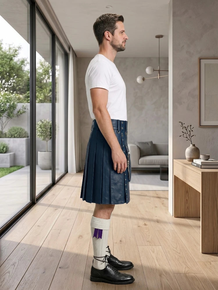Navey Blue Leather Utility Kilt Right Side