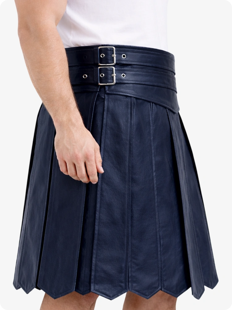 Navy Blue Leather Highland Kilt Adjustable Buckle Waist & Classic Pleats