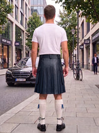 A man viewed from behind wearing a white t-shirt and a dark pleated leather kilt on a city sidewalk, with storefronts, a black car, and a bicycle in the background.