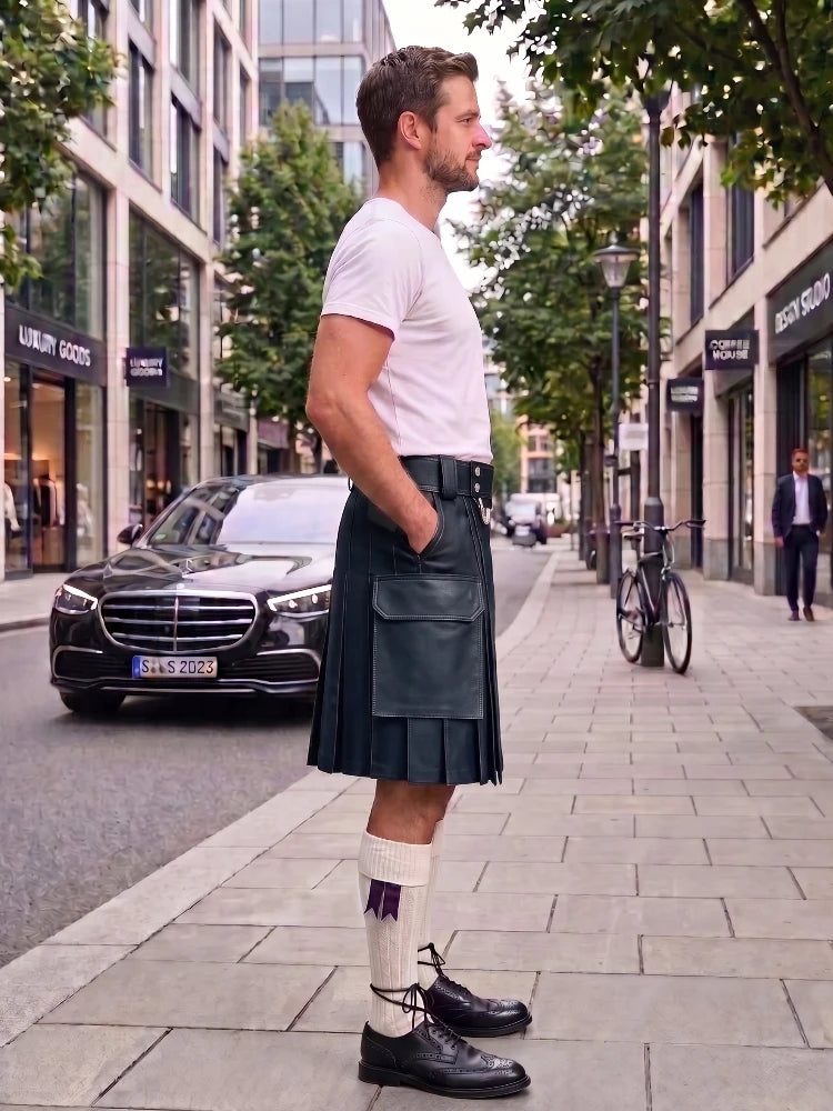 A man standing on a city sidewalk wearing a dark green leather kilt, white t-shirt, white knee-high socks with a purple ribbon, and black leather shoes. A black Mercedes-Benz car and a bicycle are parked on the street behind him.