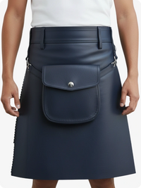 Navy leather kilt with a visible pocket on a plain background
