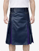 Navy blue kilt with purple accents worn by a person on a white background