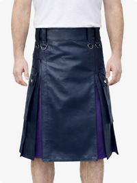 Navy blue kilt with purple accents worn by a person on a white background