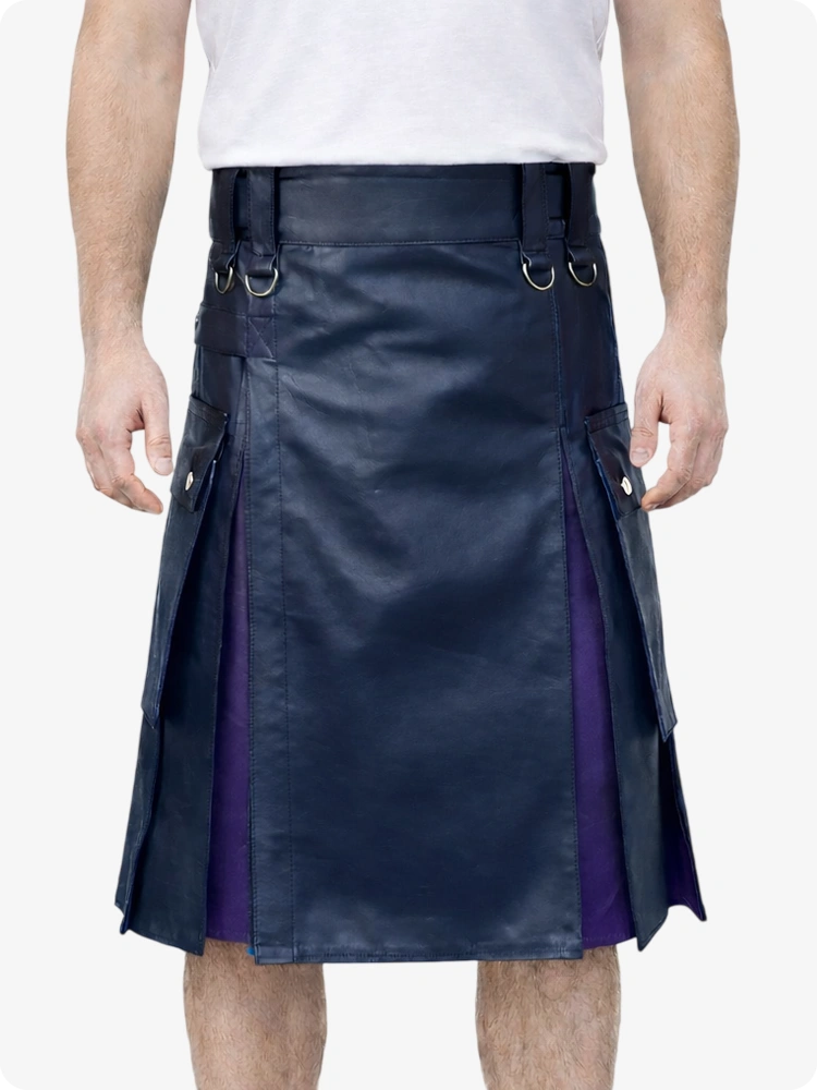 Navy blue kilt with purple accents worn by a person on a white background