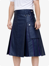 Navy blue kilt worn by a person on a white background