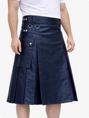 Navy blue kilt with silver buttons on a white background