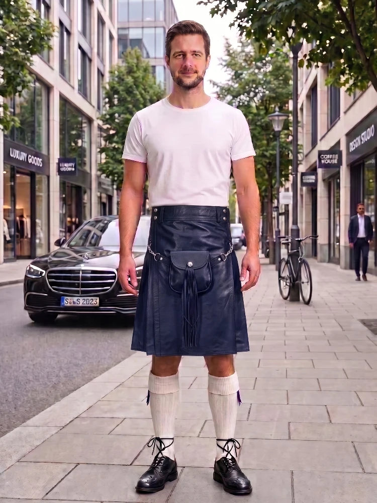 Navy Blue Leather Utility Kilt with Sporran