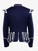 Navy blue military-style jacket with white accents on a white background