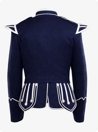 Navy blue military-style jacket with white accents on a white background