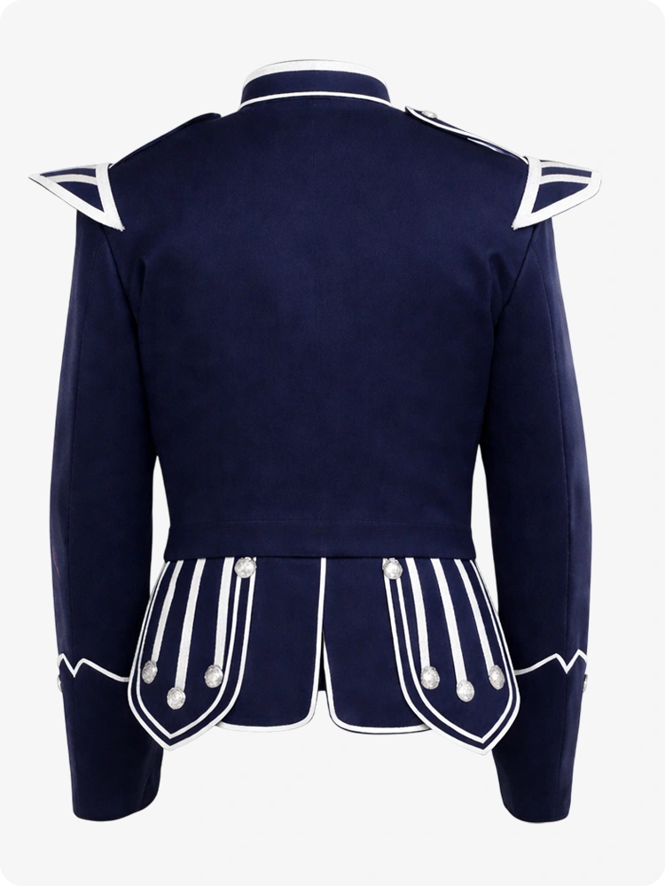 Navy blue military-style jacket with white accents on a white background