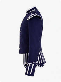 Navy blue military-style jacket with white buttons and trim on a white background