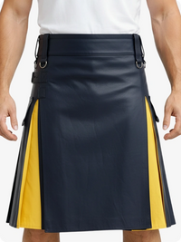 Black and yellow kilt worn by a person on a plain background