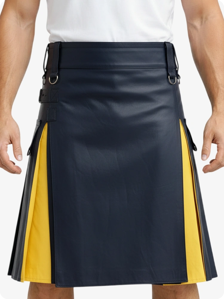 Black and yellow kilt worn by a person on a plain background