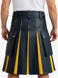 Person wearing a black and yellow kilt on a white background