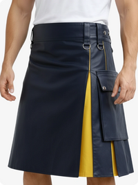Black leather kilt with yellow panel worn by a person on a white background