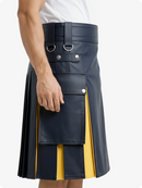 Black leather kilt with yellow accents worn by a person on a white background