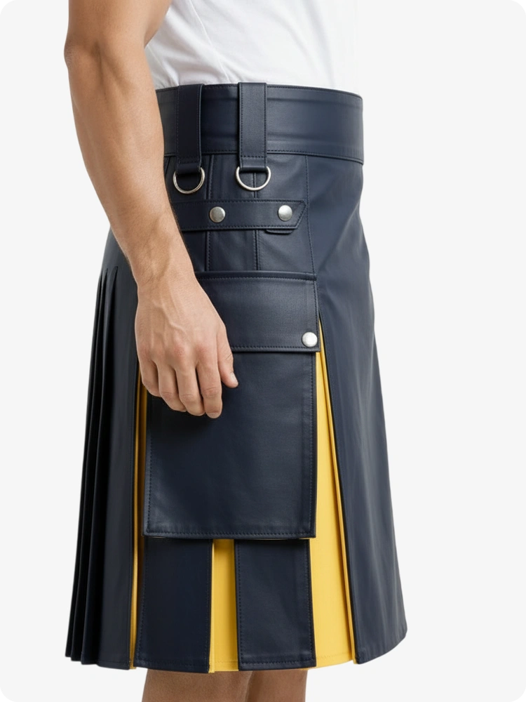 Black leather kilt with yellow accents worn by a person on a white background