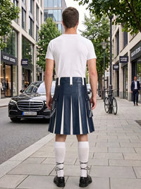 A man stands on a city sidewalk facing away from the camera, wearing a white short-sleeve T-shirt and a pleated navy blue kilt with white vertical stripes. He is also wearing white knee-high socks and black shoes.