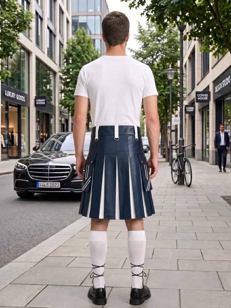 A man stands on a city sidewalk facing away from the camera, wearing a white short-sleeve T-shirt and a pleated navy blue kilt with white vertical stripes. He is also wearing white knee-high socks and black shoes.