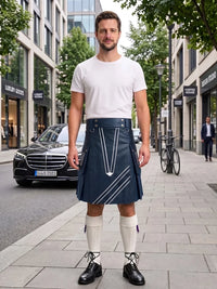 A man stands on a city sidewalk wearing a white crew-neck t-shirt and a dark navy blue kilt with white geometric line patterns. He is also wearing white knee-high socks and black leather shoes.