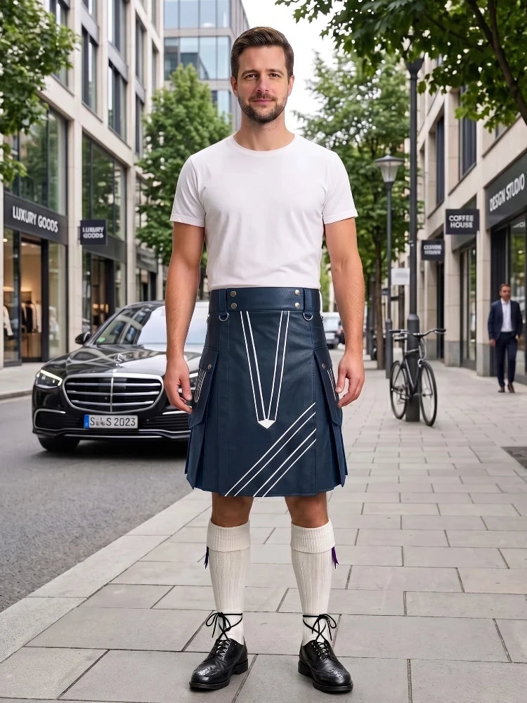 A man stands on a city sidewalk wearing a white crew-neck t-shirt and a dark navy blue kilt with white geometric line patterns. He is also wearing white knee-high socks and black leather shoes.