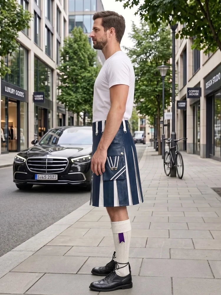 A man standing on a city sidewalk wearing a white t-shirt, a navy and white striped kilt with a purple accent, white socks, and black leather shoes. A black Mercedes-Benz car and a bicycle are parked on the street behind him.