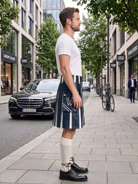 A man stands on a city sidewalk wearing a white short-sleeve T-shirt, a navy kilt with white vertical stripes and white pocket detailing, cream knee-high socks, and black leather oxford shoes. Buildings, trees, a parked black car, and a bicycle are visible in the urban street setting.