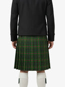 Person wearing a black jacket and green plaid kilt on a white background