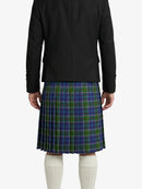 Person wearing a black jacket and a green plaid kilt on a white background