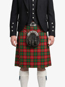 Person wearing a traditional Scottish kilt with a tartan pattern on a white background