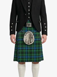 Person wearing a green plaid kilt with a black jacket on a white background