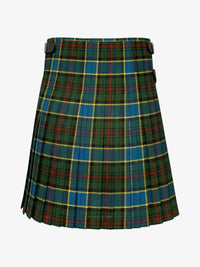 Plaid kilt with green, blue, and red pattern on a white background