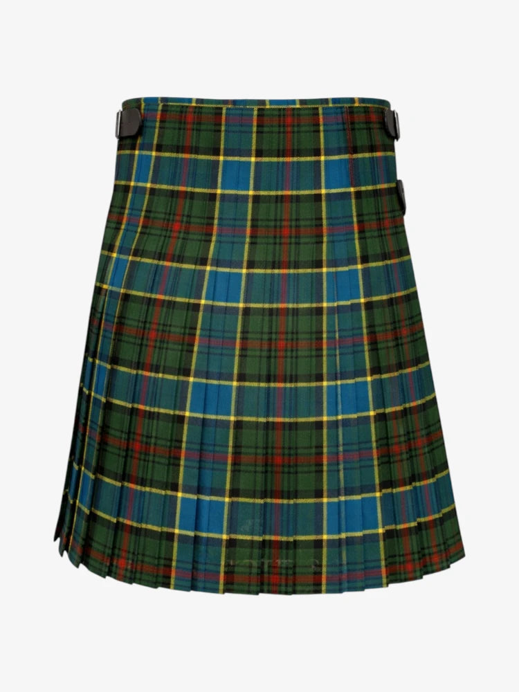 Plaid kilt with green, blue, and red pattern on a white background