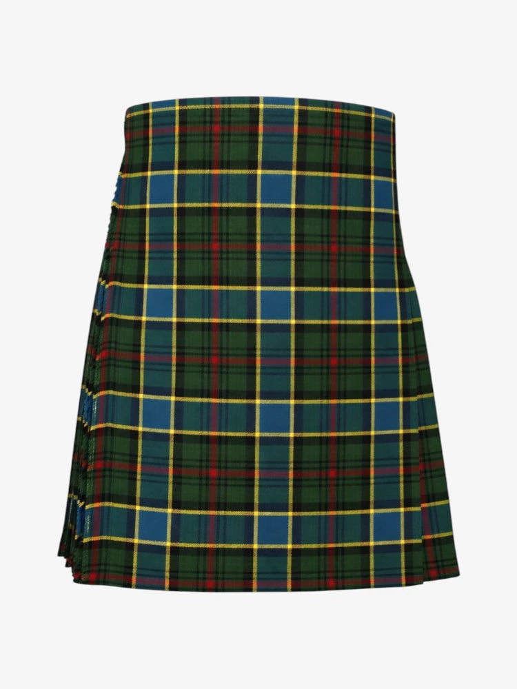 Plaid kilt with green, red, and yellow pattern on a white background