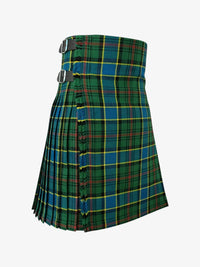 Green and blue plaid kilt with a belt on a white background