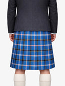 Person wearing a black jacket and blue plaid Kilt on a white background