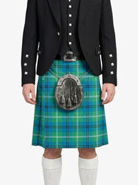 Person wearing a black jacket and green plaid kilt on a white background