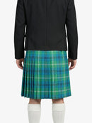 Person wearing a black jacket and blue plaid kilt on a white background