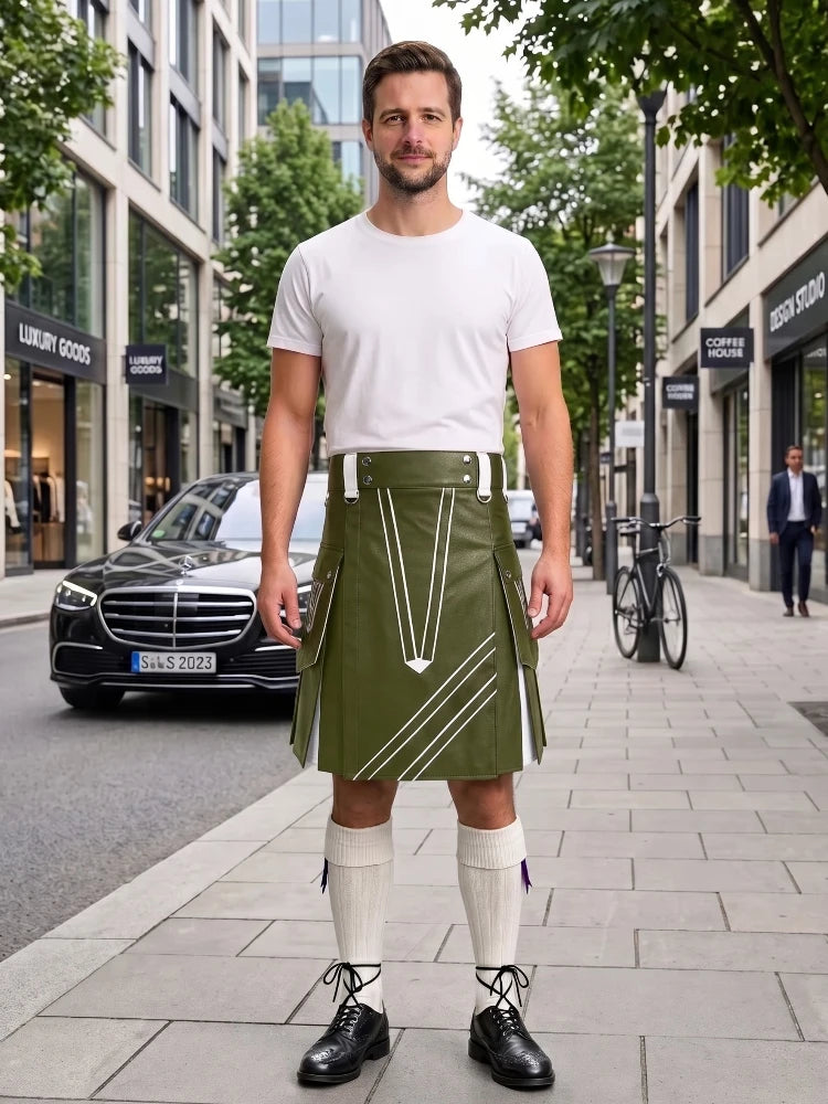 A man stands on a city sidewalk wearing a white crew-neck t-shirt and an olive green kilt with white geometric stripe patterns. He is also wearing white knee-high socks and black leather shoes.