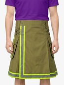 Person wearing a green kilt with reflective stripes on a white background