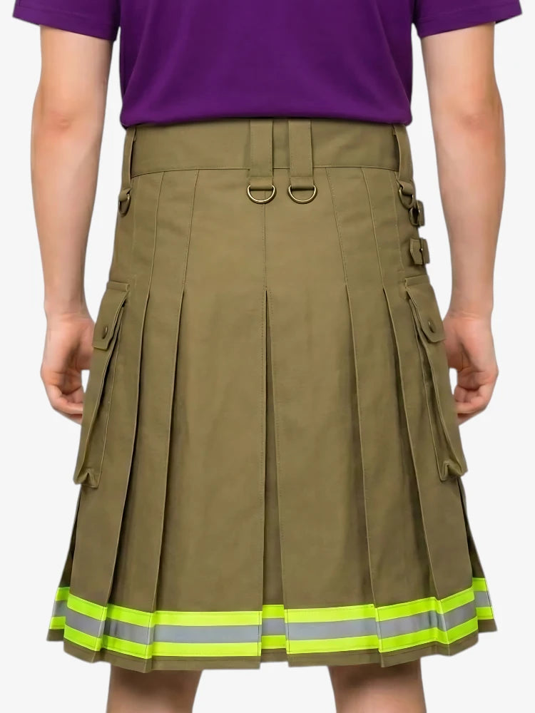 Person wearing a brown pleated skirt with reflective stripes and a purple top on a white background