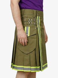 Green kilt with reflective stripes worn by a person on a white background